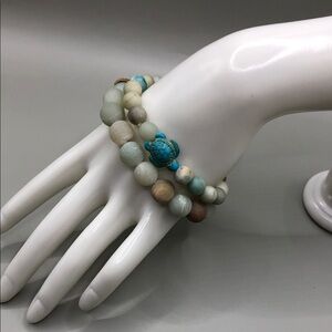 Matte frosted amazonite bead roll on bracelets bundle 2 turtle charm layer stack